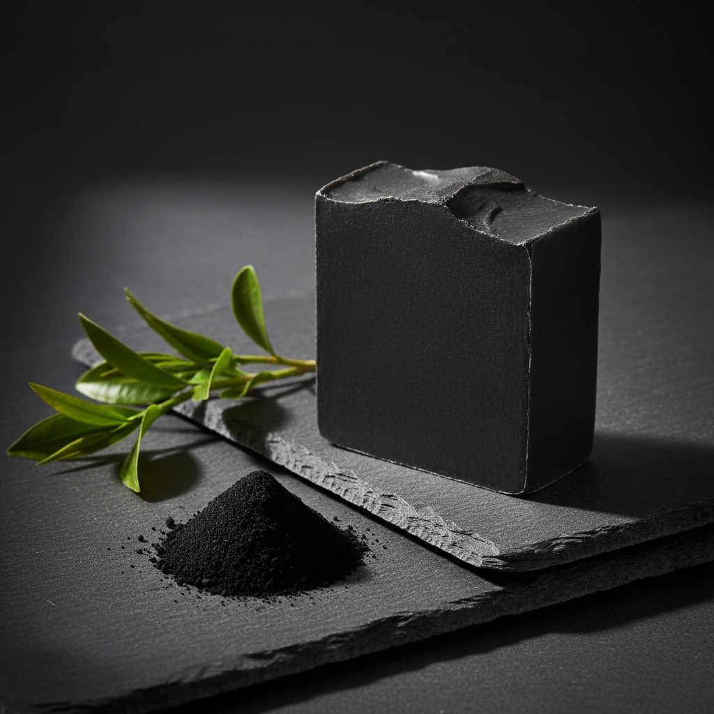 Handcrafted activated charcoal soap bar with tea tree oil